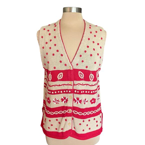 That's Me VTG Sweater Vest Embroidered Bobble Knit Button Front MED Cottagecore - Picture 1 of 9